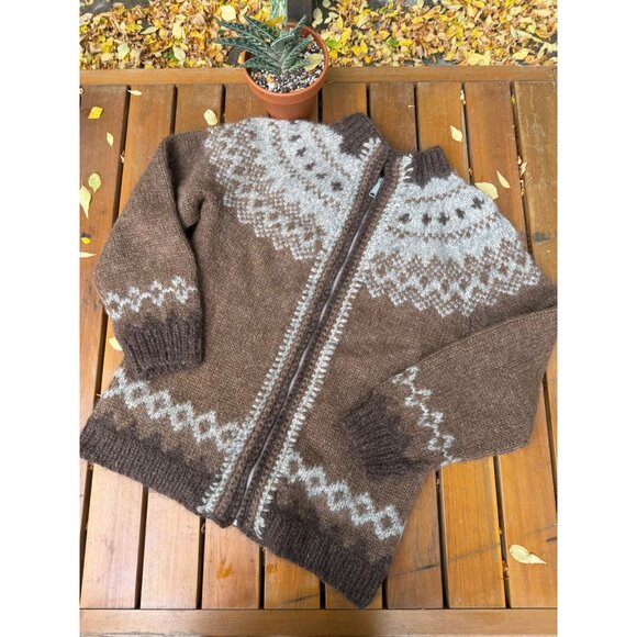 70s Icelandic Wool Lopapeysa Hand Made Lopi Cardigan Nordic Fair Isle Brown Ivor - Picture 1 of 9